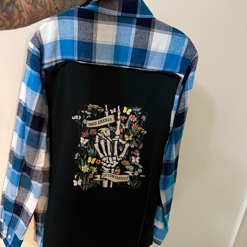 Good energy is contagious vibes flannel repurposed boho